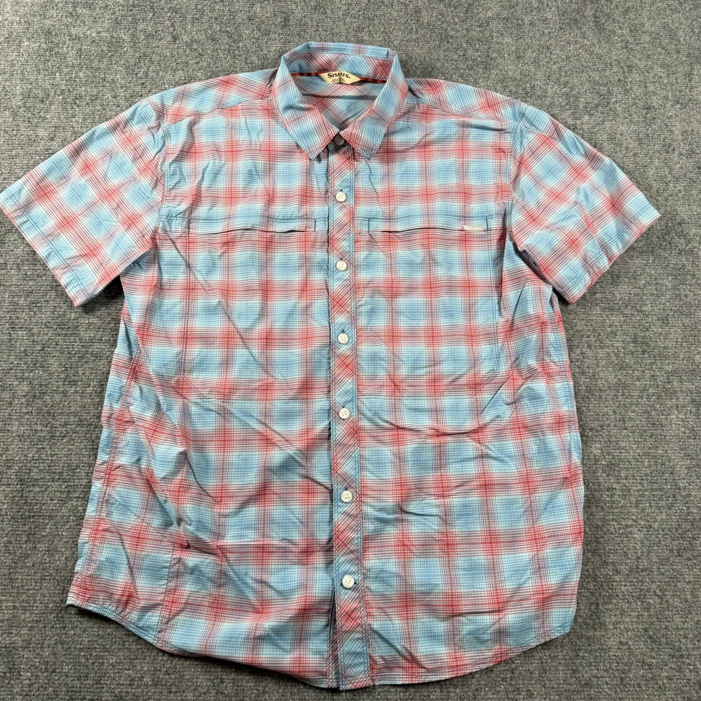 Simms Fishing Shirt Mens Large Blue Red Plaid Short Sleeve Vented Outdoor